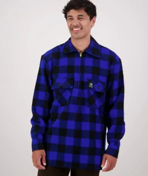 Swanndri Men’s Ranger Wool Bushshirt with Zip-up Front — Blue/Black Check