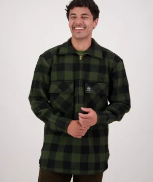 Swanndri Men’s Ranger Wool Bushshirt with Zip-up Front — Olive/Black Check