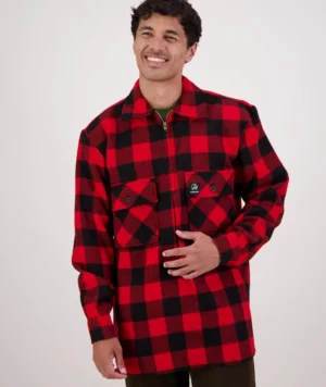 Swanndri Men’s Ranger Wool Bushshirt with Zip-up Front — Red/Black Check